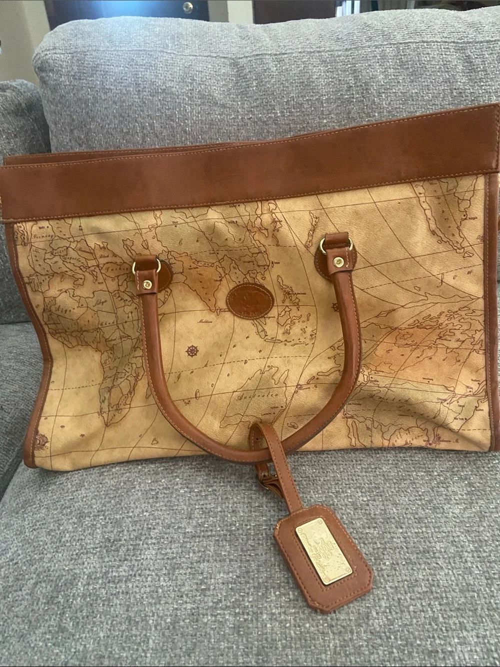 Columbus Collection Map-Print Tote Bag with Brown Leather Trim